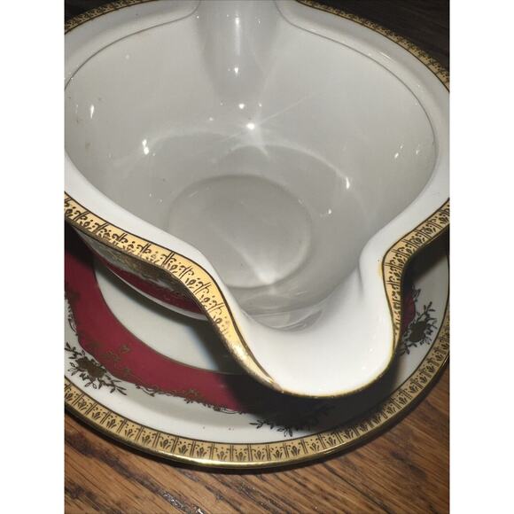Meito MANDARIN Gravy Boat & Attached Underplate Red Gold Excellent Pristine! - Picture 4 of 8